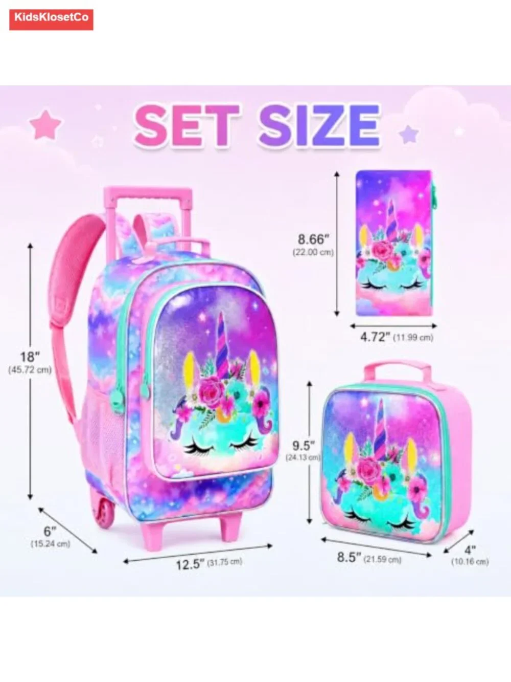 Kids Rolling Backpack with Lunch Bag and Pencil Case, Wheeled Bookbag, Water
